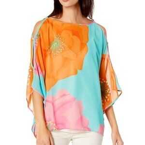 Trina Turk "Ravishing" Floral-Print Cold-Shoulder Georgette Top, Multicolor